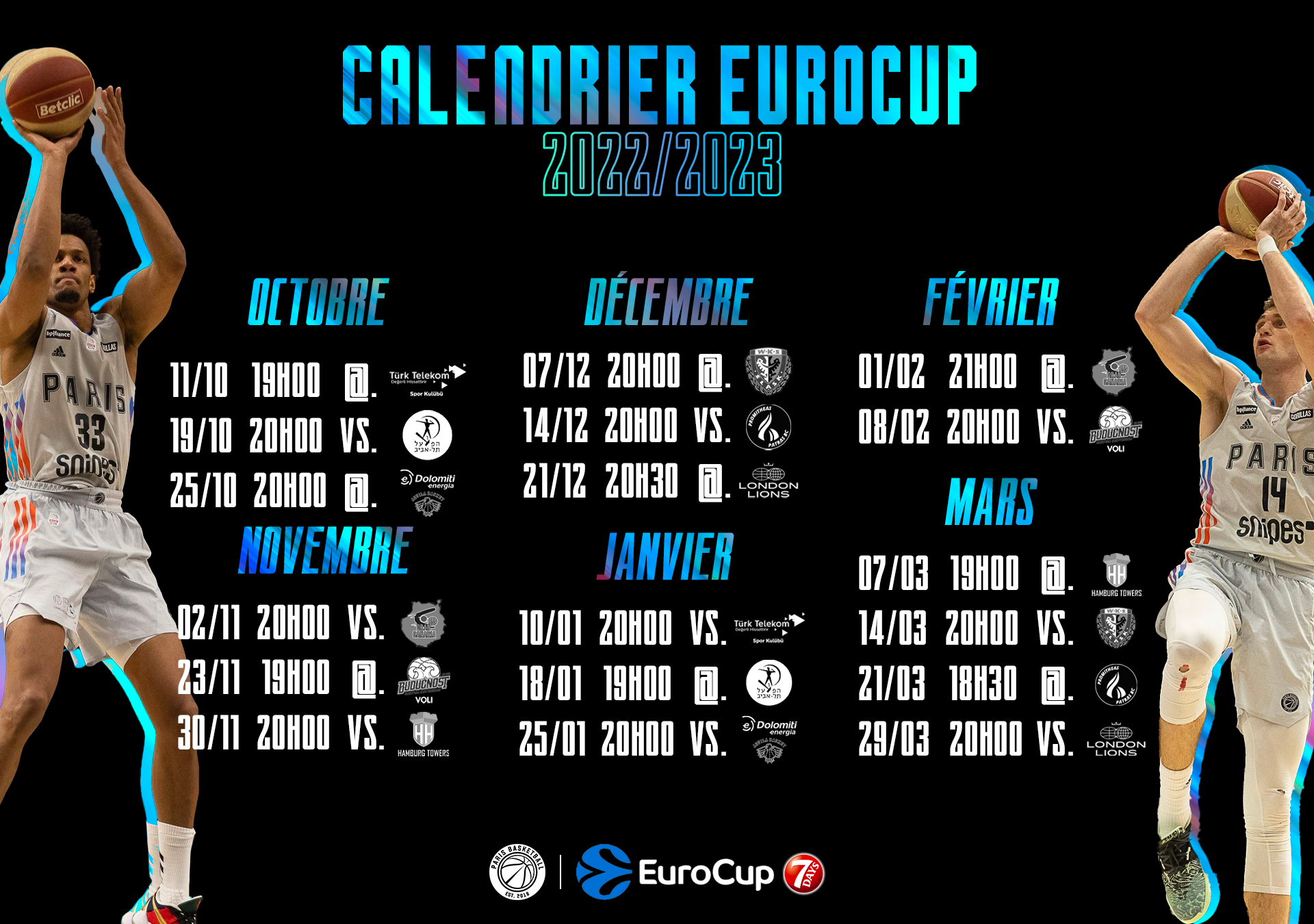 Le calendrier des rencontres 7Days EuroCup Paris Basketball